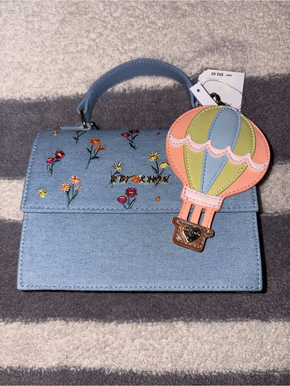 Light Blue Floral Embroidered Top-Handle Bag with Hot Air Balloon Charm